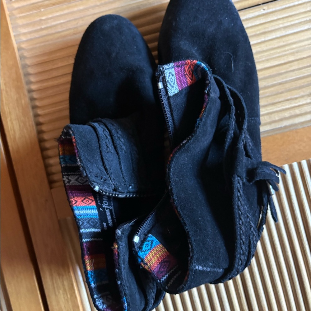 Minnetonka Black Suede Boots with Multicolor Trim